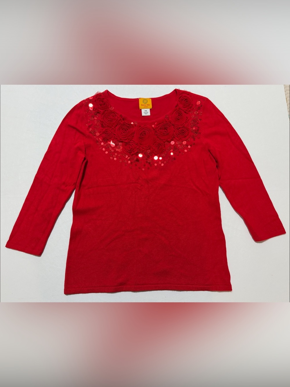 Ruby Rd. petite Red Embellished Long Sleeve Top Size PM
